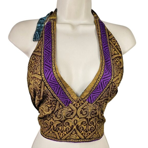 Unbranded Tops - Retro Reversible Halter Crop Top Womens OS Silk Blnd Tie Back Blue Gold